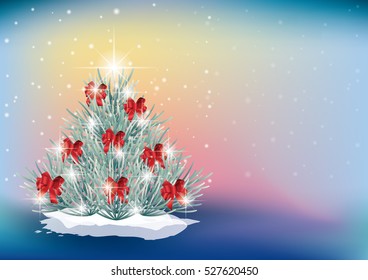 Christmas tree with magic winter background. Christmas card illustration.