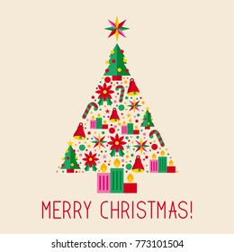 Christmas tree make with holidays icons like star, flower, candle, spheres, bells and candy /card / background