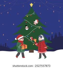 Árbol de navidad, hombre con caja de regalo, mujer con campana