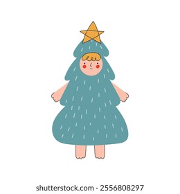 Christmas Tree man. The man in the Xmas costume. Funny Christmas tree with a star. Vector hand Drawn illustration on a white background