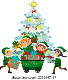 Christmas tree with many elves illustration