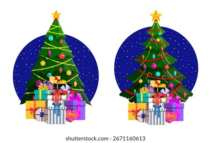 Christmas tree with many gift box in flat style for greeting card. Winter holiday celebration. Merry Christmas and Happy New Year concept.
