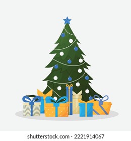 Christmas tree with many gifts box. Vector illustration.