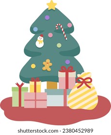 Christmas tree and many presents piled under the tree
