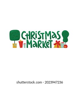 Christmas tree market lettering sign and Grinch tree   text place  Vector stock illustration isolated white background for template design Christmas sale  greeting card  invitation  EPS10