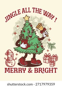 Christmas Tree Mascot with Bell and Candy Canes Festive Holiday Vector Illustration
