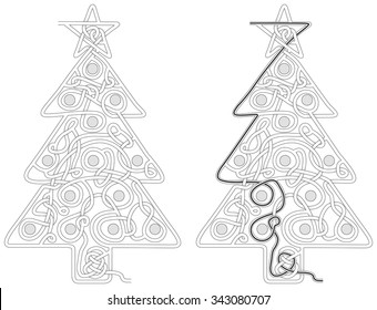 Christmas tree maze for kids with a solution in black and white