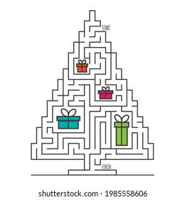 Christmas tree maze labyrinth game for kids. Logic conundrum. One entrance and one right way to go. Vector flat illustration isolated on white background.