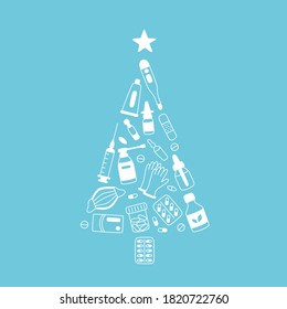 Christmas tree of meds, drugs, pills, bottles and health care medical elements. Medicine christmas. Vector illustration on blue background