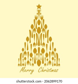 Christmas tree, menu design. Greeting card of cutlery utensils. Vector illustration Merry Christmas and Happy New Year