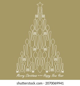 Christmas tree, menu design. Greeting card of cutlery utensils. Hand drawn Vector illustration Merry Christmas