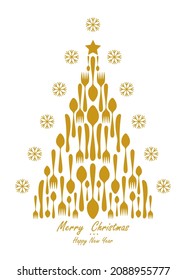 Christmas tree, menu design. Greeting card of cutlery utensils and snowflakes. Vector illustration Merry Christmas and Happy New Year