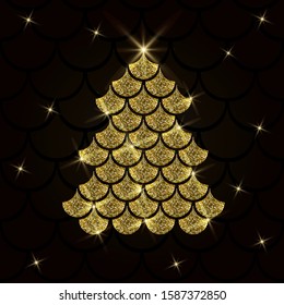 Christmas tree with mermaid scales and glitter effect vector illustration