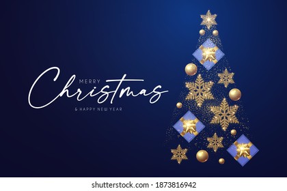 Christmas tree. Merry Christmas design template with gifts, glossy golden balls and elegant gold snowflakes.