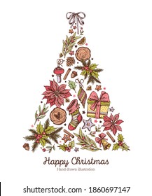 Weihnachtsbaum. Fröhlicher Weihnachtsrahmen im grafischen Stil. Weihnachtsdekorationen, Poinsettien, Holz, Heilige, Tannenzweige, Winterpflanzen und Bogen. Botanische Illustration. Schwarz-Weiß-Vintage Weihnachten