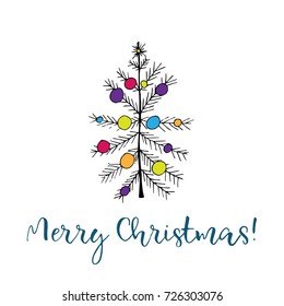 Christmas tree. Merry Christmas greeting card. Colored vector illustration on white background