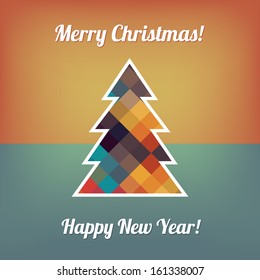 Christmas tree, Merry Christmas, Happy New Year, Hipster style colors squares, background, vector 