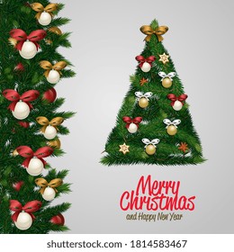 Christmas tree. Merry Christmas and Happy New Year lettering greeting card background design with fir tree decorated with baubles and ribbon bows. Winter holiday celebration banner vector illustration