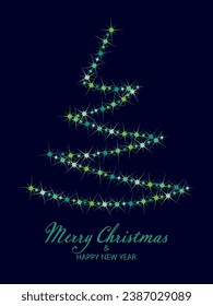Christmas tree. Merry Christmas and Happy New Year. Pattern of bright sparkling magical neon multi-colored particles, sparks and stars shining with special light on dark background. 