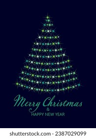 Christmas tree. Merry Christmas and Happy New Year. Pattern of bright sparkling magical neon multi-colored particles, sparks and stars shining with special light on dark background. 