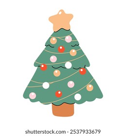 Christmas tree. Merry Christmas and Happy New Year sticker. Flat vector illustration isolated on white background.