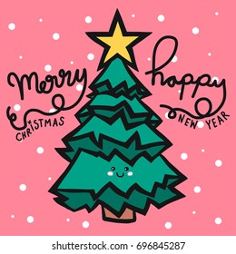 Christmas tree Merry Christmas and Happy New Year cute doodle style cartoon vector illustration