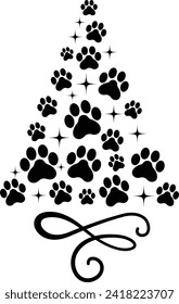 Christmas tree. Merry Christmas. Paw Print. Dog lovers. isolated on white background. Christmas lights.