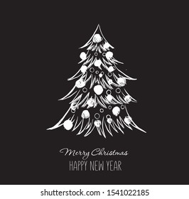 Christmas tree. Merry Christmas poster.  Hand drawn illustration.