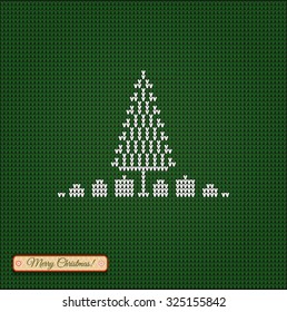 Christmas tree, Merry Christmas Scandinavian style knitted card, Fair Pattern sweater design on the wool knitted texture. Knitting Ornament