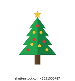 Christmas tree, minimalist design, flat illustration, green triangular shape, yellow star topper, red and yellow ornaments, brown trunk, festive, holiday decoration, vector art, clean lines, simple sh