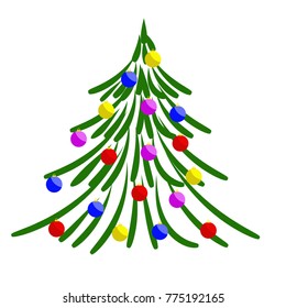 Christmas tree in a minimalist style is decorated with colorful balls. Vector illustration.
