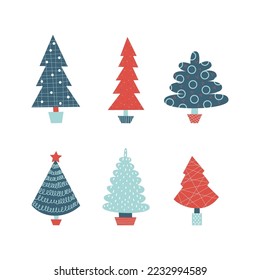 Christmas tree in minimalist style with new year holiday symbols. Winter forest clipart. Vector flat isolated illustration.