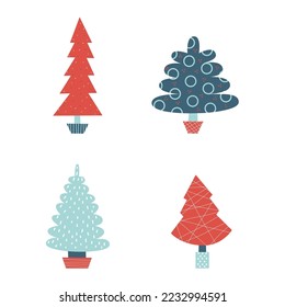 Christmas tree in minimalist style with new year holiday symbols. Winter forest clipart. Vector flat isolated illustration.