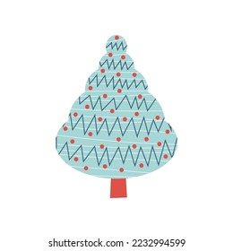 Christmas tree in minimalist style with new year holiday symbols. Winter forest clipart. Vector flat isolated illustration.