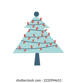 Christmas tree in minimalist style with new year holiday symbols. Winter forest clipart. Vector flat isolated illustration.