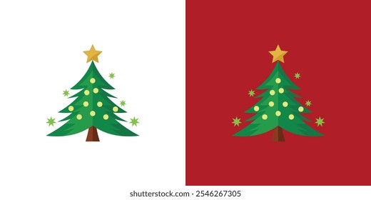 Christmas tree minimalistic vector isolated on white and red background