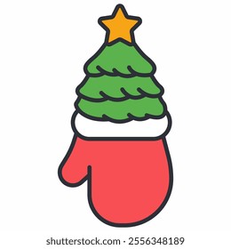 Christmas tree in mitten vector cartoon illustration isolated on a white background.