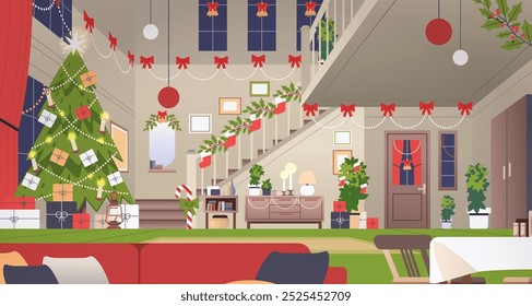 Christmas tree in modern living room. Interior of big hall decorated for winter holiday