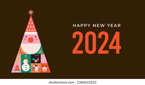 Christmas tree in modern minimalist geometric style. Colorful illustration in flat vector cartoon style. Xmas tree with Santa Claus, geometrical patterns, stars and abstract elements
