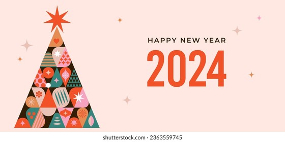 Christmas tree in modern minimalist geometric style. Colorful illustration in flat vector cartoon style. Xmas tree with geometrical patterns, stars and abstract elements