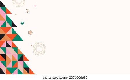 Christmas tree in modern minimalist geometric style. Colorful illustration in flat vector cartoon style. Xmas tree with geometrical patterns, stars and abstract elements