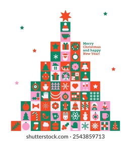 Christmas tree in modern minimalist geometric style. Colorful vector illustration . Xmas tree made of geometrical patterns and simple festive elements.