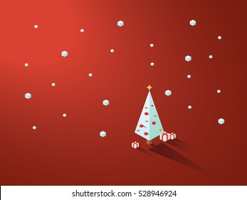 Christmas tree in modern minimalistic isometric polygonal geometric style. Red background with snowing. Eps10 vector illustration.