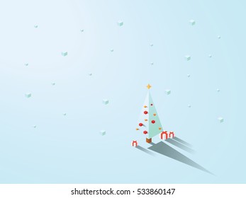 Christmas tree in modern minimalistic isometric polygonal geometric style. White background with snowing. Eps10 vector illustration.