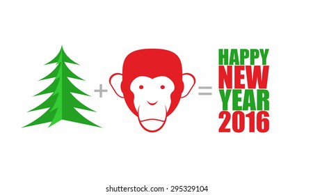 Christmas tree and monkey. Mathematical formula: tree Plus head monkey equals happy new year 2016. Symbols of  new year. Year of fire monkey by  East calendar