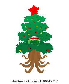 Christmas tree monster pixel art. Fir mutant 8 bit. Angry Xmas and New Year vector illustration