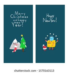 Christmas tree, mountain, present, gift, hat. New year and Christmas greeting card in vector. Chinese symbol. Vector illustration. Hand drawn. Use for card, poster, banner, web design. 