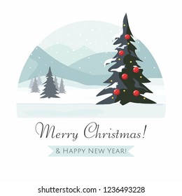 Christmas tree and Mountain Winter landscape.  Vector illustration.
