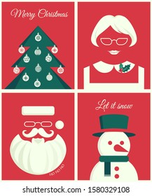 Christmas tree, Mrs. Claus, Santa Claus and snowman vector illustration set on red background.
Christmas and  New Year vector illustration for greeting card, poster,banner,flyer,web design.