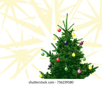 Christmas tree with multicolored balls on a light background with stars, vector new years picture
